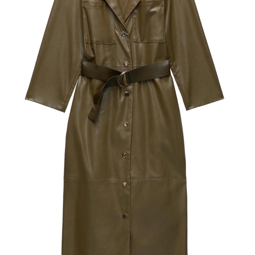 Zara Olive Green Faux Leather Belted Shirt Dress NEW
